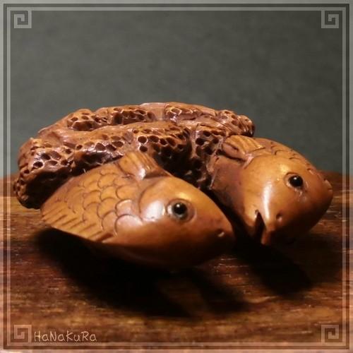 木彫り 天然素材 彫刻 根付け 魚 貝 びく アンティーク