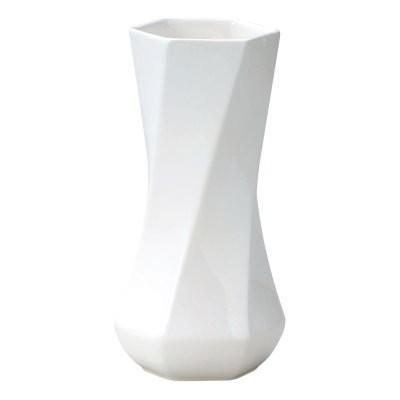 陶器花瓶 モノトーンフラワーベース 六角ひねり M ホワイト 9×H18cm