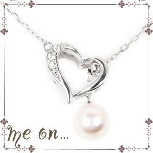 ネックレス me on... K10ホワイトゴールド(10金)・ハート パールネックレス 天然ダイヤモンド（0.01ct×3個）64693