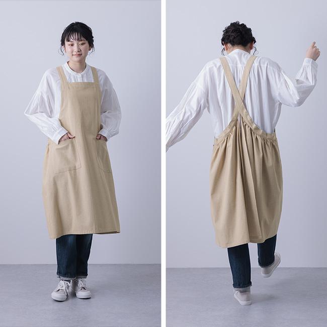 PAGE ONE シャンブレー 後ギャザー エプロン(バッククロス 膝 丈