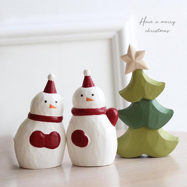 クリスマス置物 3点セット 雪だるま2個＆ツリーSS(クリスマス 木製