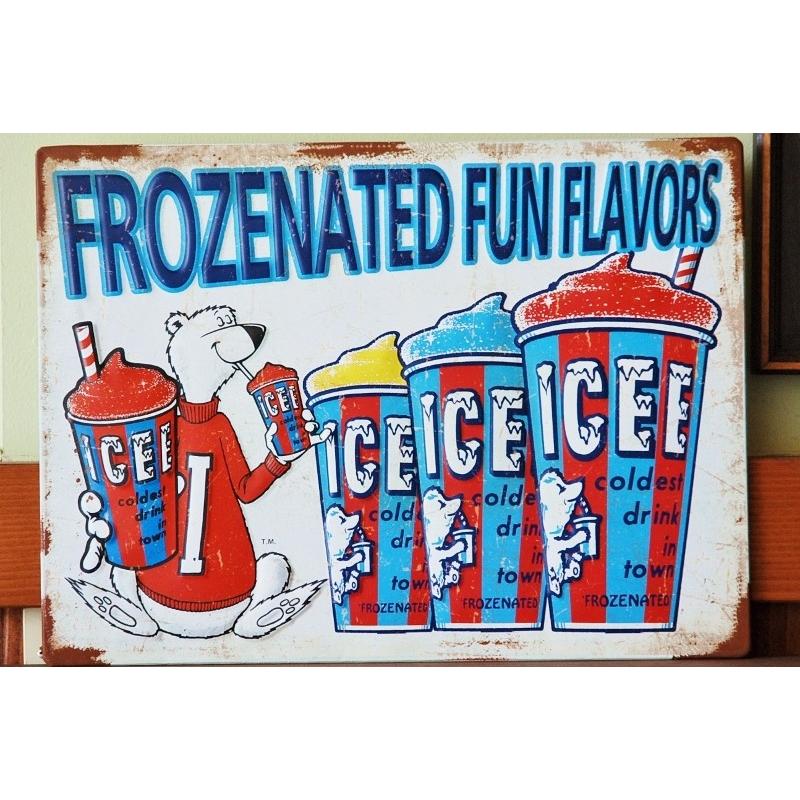 ブリキ製看板 TINサイン 看板 欧米 アメリカ USA 版  FROZENATED FUN FLAVORS フローズンフレーバー  ボード テディベア ホワイトベアー 白くま 熊｜zakka-olive