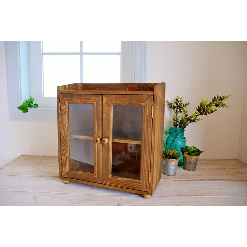 レトロキャビネット ガラス扉 アンティーク調 木製 2段 キャビネット
