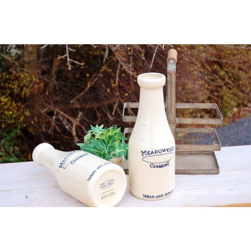 ガーデニング雑貨 ミルクボトル 陶器2本 ラック付 レトロ