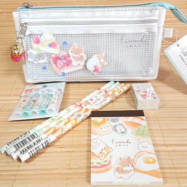 ペン、筆箱セット ふわんこ 文具セット ペンケース+鉛筆消しゴム メモ 8点（いやいや