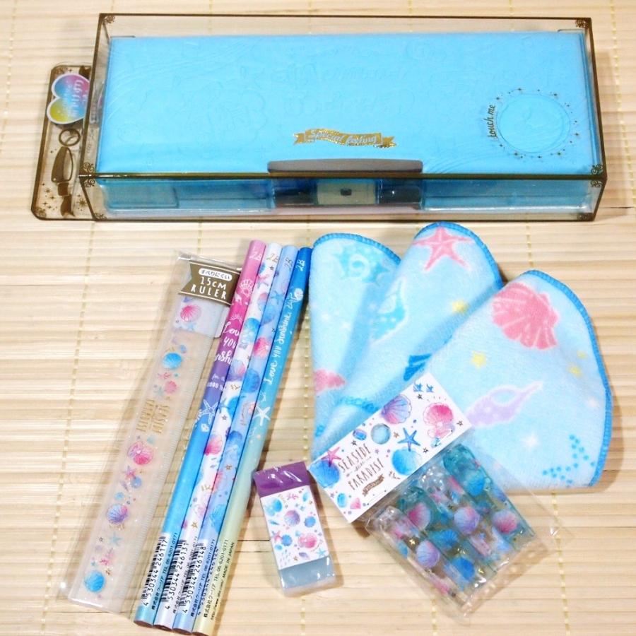 シェル柄 可愛い両面開き筆箱 鉛筆のセット 文具セット9点 マーメイドオーケストラ 水色 s 9 プチライムソフトペンケース s 9 雑貨のぱんぷきん 通販 Yahoo ショッピング