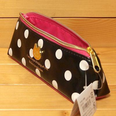 ドット柄 合皮 ミニ三角ペンケース（ねこ/ブラック）03478/ペンポーチ