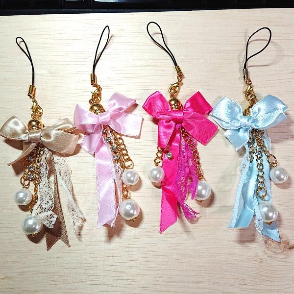 サテンリボンとチャーム 携帯ストラップ（チェリーピンク）ks5014