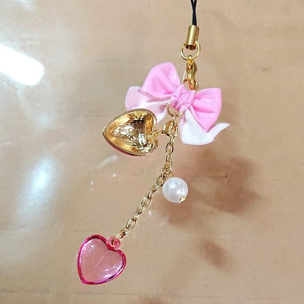 リボンとイチゴ 携帯ストラップ（ピンク）ks5018/パールビーズ