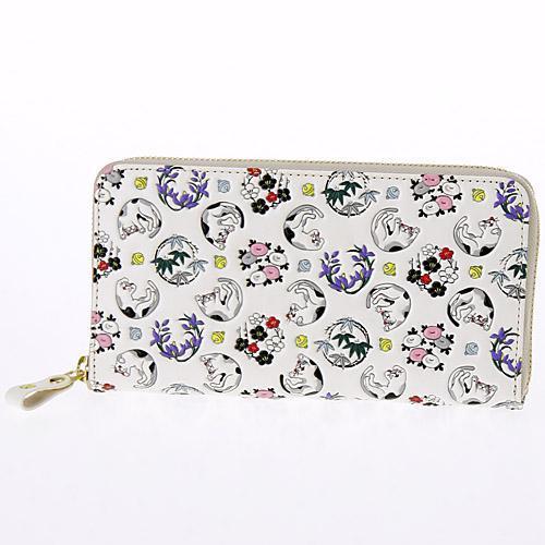 姫革細工 長財布 L字ファスナー 猫柄 ネコ 白なめし牛革 浅草文庫 白