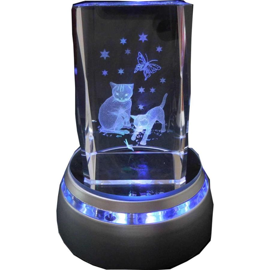 クリスタル　3D レーザー彫刻　猫　LED四色発光台　セット　父の日｜zakkahausu