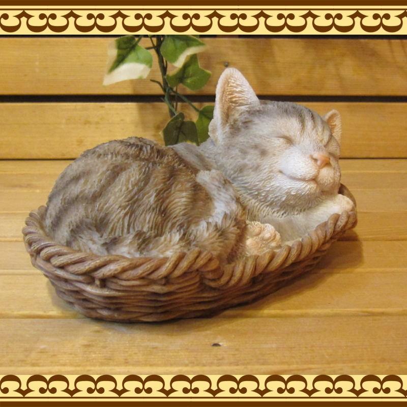 置物 動物 可愛い 猫の置物 リアル バスケットキャット グレー