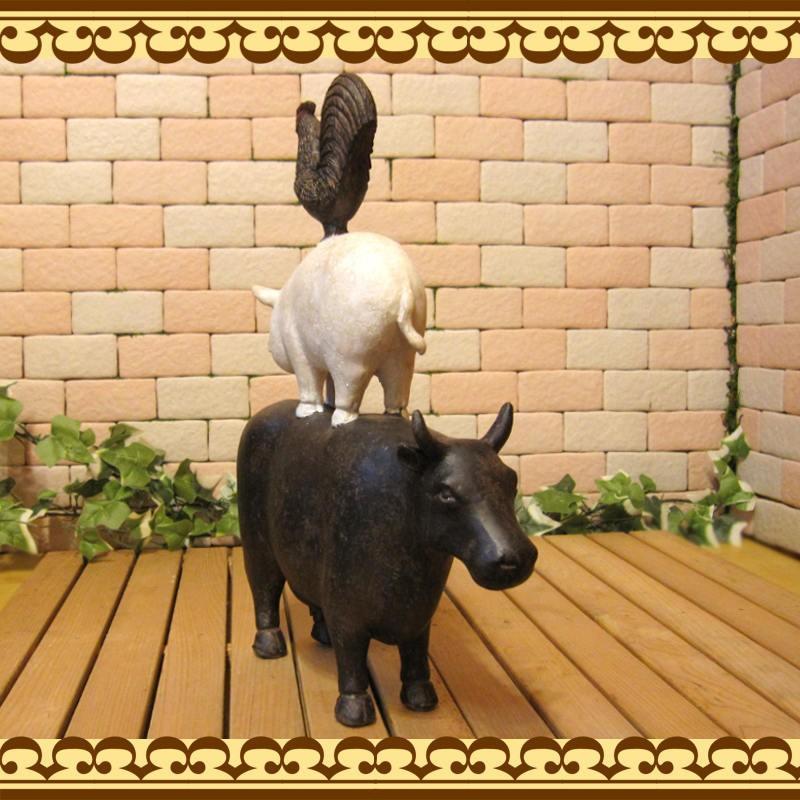 【アンティーク】額装 額縁 ブタ 牛柄 鶏 動物画 アート 美術品 古道具 額入り: 寿という獣 「卯」(Framed: 