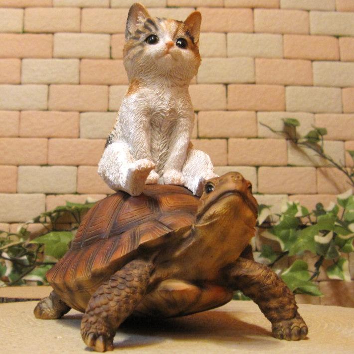 置物 動物 可愛い 猫と亀の置物 リアルな猫の置物 仔ねことカメ ねこの