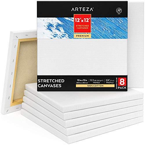 Arteza 12x12” Premium Stretched Canvas, Bulk Pack of 8, Primed, 100