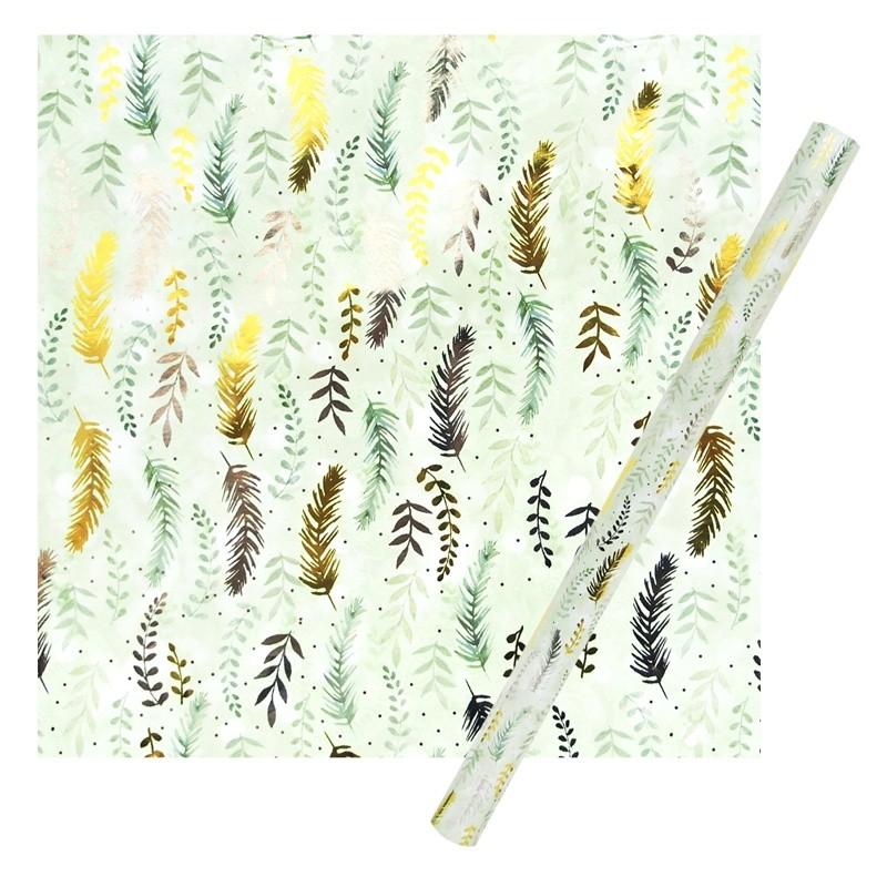 パンチスタジオ クリスマス ラッピングペーパー 包装紙 ウィンターグリーン 大感謝セール 幅76 2cm 長さ3m 羽根と植物 定形外郵便物不可