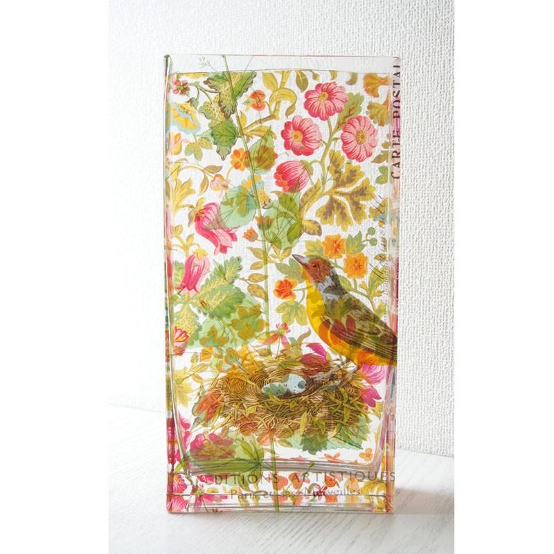 フリンジ ガラスアート 花瓶 フラワーベース 鳥 植物 花 絵画風