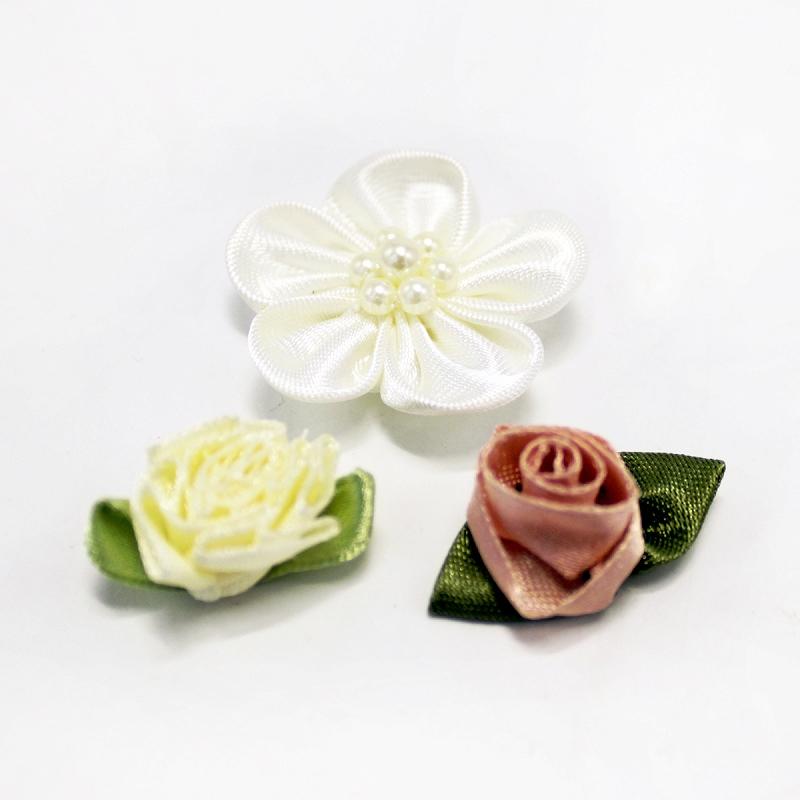 手芸 花型 モチーフ 3種セット （ピンク×ホワイト） 布製 薔薇