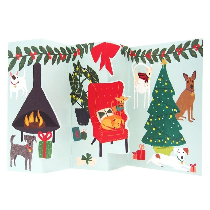 ロジャーラボード クリスマスカード ジグザグ折り （クリスマスの部屋と犬たち） グリーティングカード