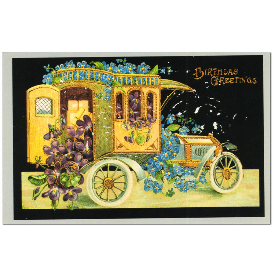 パンジーと勿忘草を運ぶ自動車 ポストカード | 