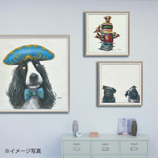 絵画 額入り オイルペイント 「ドッグ オン ブックス(Sサイズ