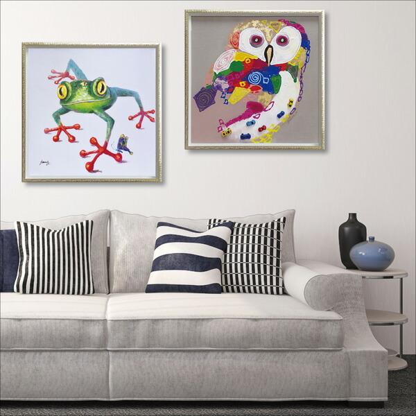 絵画 額入り オイルペイント 「カラフル オウル(Mサイズ)」 プレゼント