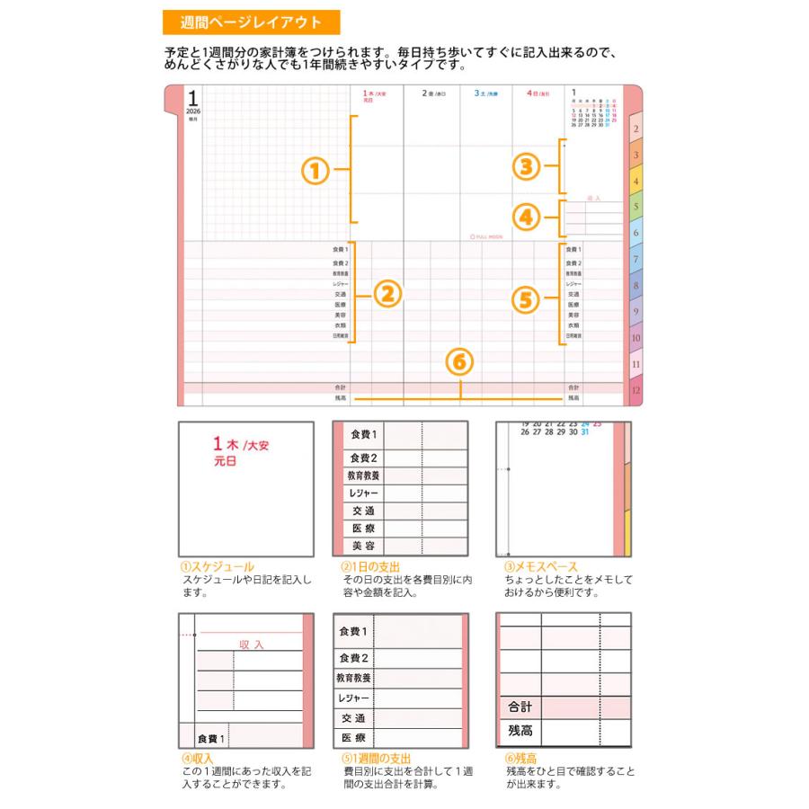 確認　少年隊　電話帳　予定表 手帳 2026 クツワ 家計簿付き手帳 A6 月間 + 1週間 / 141SH 2026年 12