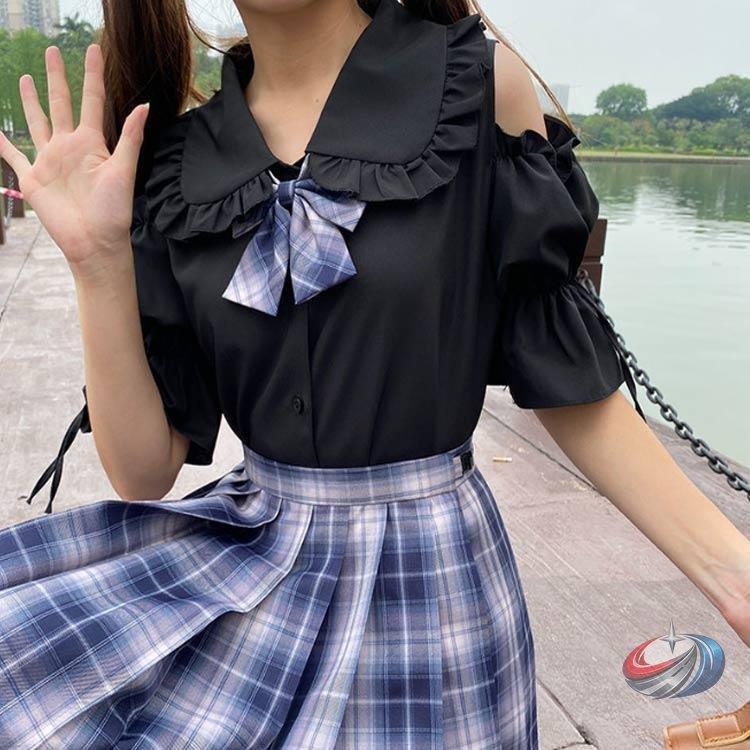 JK制服風ブラウス レディース リボン付き肩あきロリータピークル 