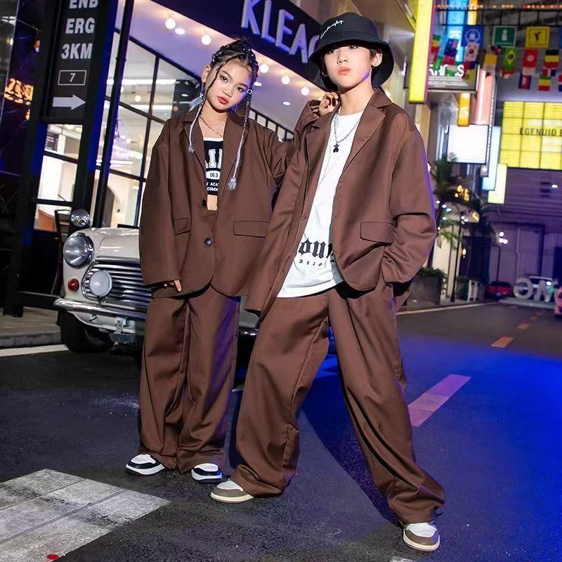 キッズダンス衣装ヒップホップ茶色スーツセットアップピークル男の子