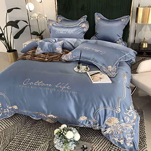 北欧風 刺繍 サテン シルクのようになめらか肌触り寝具カバーセット (ブルー, クイーン)