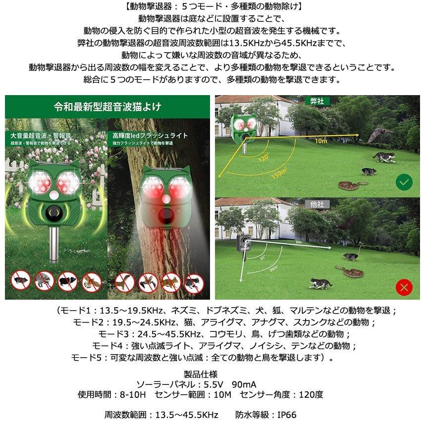 動物撃退器 超音波 猫よけ 害獣撃退 フラッシュライト ソーラー