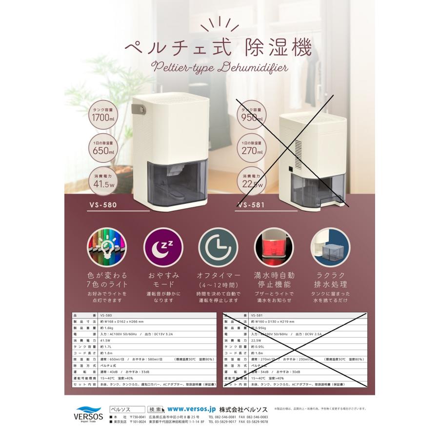 VERSOS 除湿器 オフタイマー機能搭載 コンパクト除湿機 VS-580 