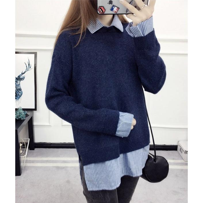 重ね着風ニット シャツ 長袖 セーター ストライプ お洒落 トップス レディース J1345ba Star Net 通販 Yahoo ショッピング