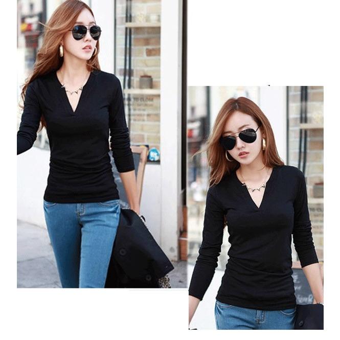 Tシャツ レディース Vネック タイトカットソー ロングtシャツ 長袖 ブラック レッド トップス レディース J1368ba Star Net 通販 Yahoo ショッピング