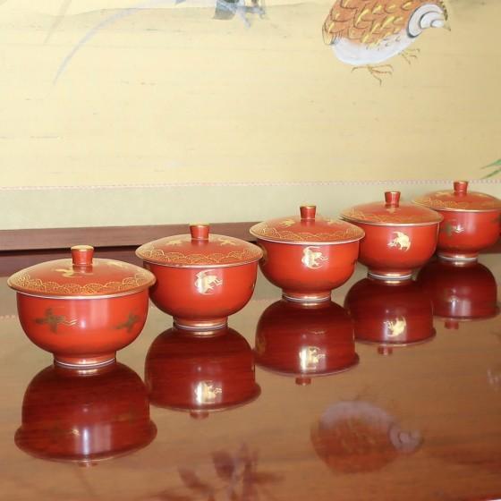 九谷焼 茶器 蓋付汲出し揃(5客入れ）蓋付碗 金襴手波千鳥 錦生作