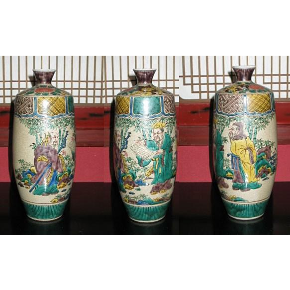 九谷焼 花瓶 陶器 古九谷人物 糠川清章(はせがわせいしょう)作 九谷焼 花瓶 陶器 古九谷人物 糠川清章(はせがわせいしょう)作
