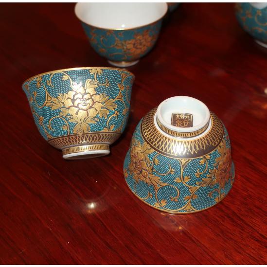九谷焼 茶道具 茶器(急須・碗5ヶ入)九谷焼 本金青粒牡丹 錦泉作 九谷焼 茶道具 茶器(急須・碗5ヶ入)九谷焼 本金青粒牡丹 錦泉作