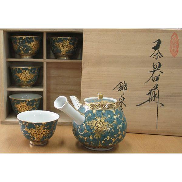 九谷焼 茶道具 茶器(急須・碗5ヶ入)九谷焼 本金青粒牡丹 錦泉作 九谷焼 茶道具 茶器(急須・碗5ヶ入)九谷焼 本金青粒牡丹 錦泉作
