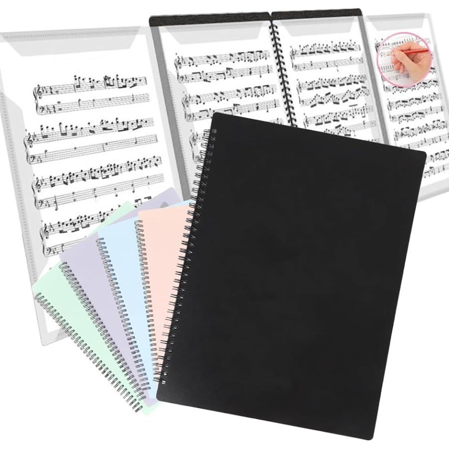 楽譜 ファイル 4面 書き込める A4 10枚/40面 ピアノ 伴奏 ブラック無地1冊( ブラック無地,  A4)