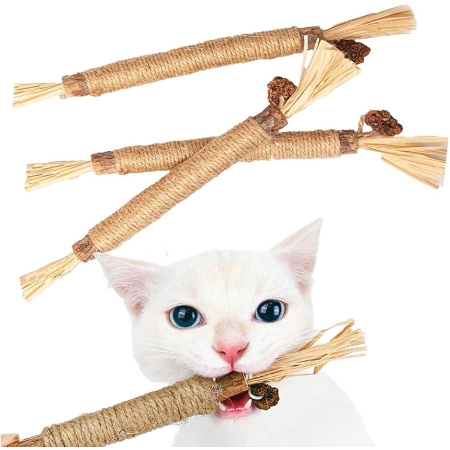 猫 噛むおもちゃ 歯磨き またたびの木 猫歯ぎしり棒 マタタビ 天然木 歯石ケア 口臭ケア 歯磨きおもちゃ(ベージュ,  3本セット) の商品画像