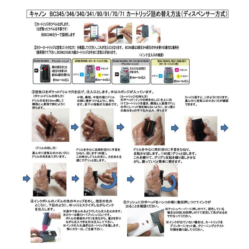 キヤノン BC-366 BC-365 BC-361 BC-360 BC-346 BC345 BC-341 BC-340 BC-311 BC-310 BC-91 BC-90 BC-71 BC-70 用  詰め替えインク  4色x20ml 器具付 お試しサイズ｜zecoocolor｜13