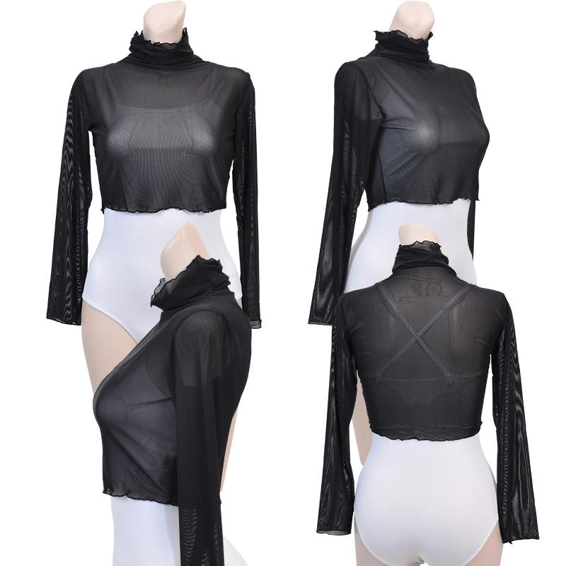 バレエ トップス 大人 メッシュ 長袖 ハイネック バレエトップス 黒