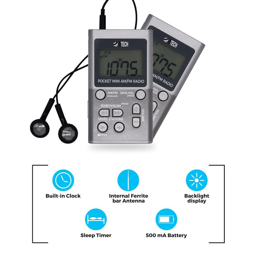 【スーパーセール】 BTECH MPR-AF1 AM FM Personal Radio with Two Types of Stereo Headphones， Clock， Great Reception and Long Battery Life， Mini Pocket Walkman Radio with H