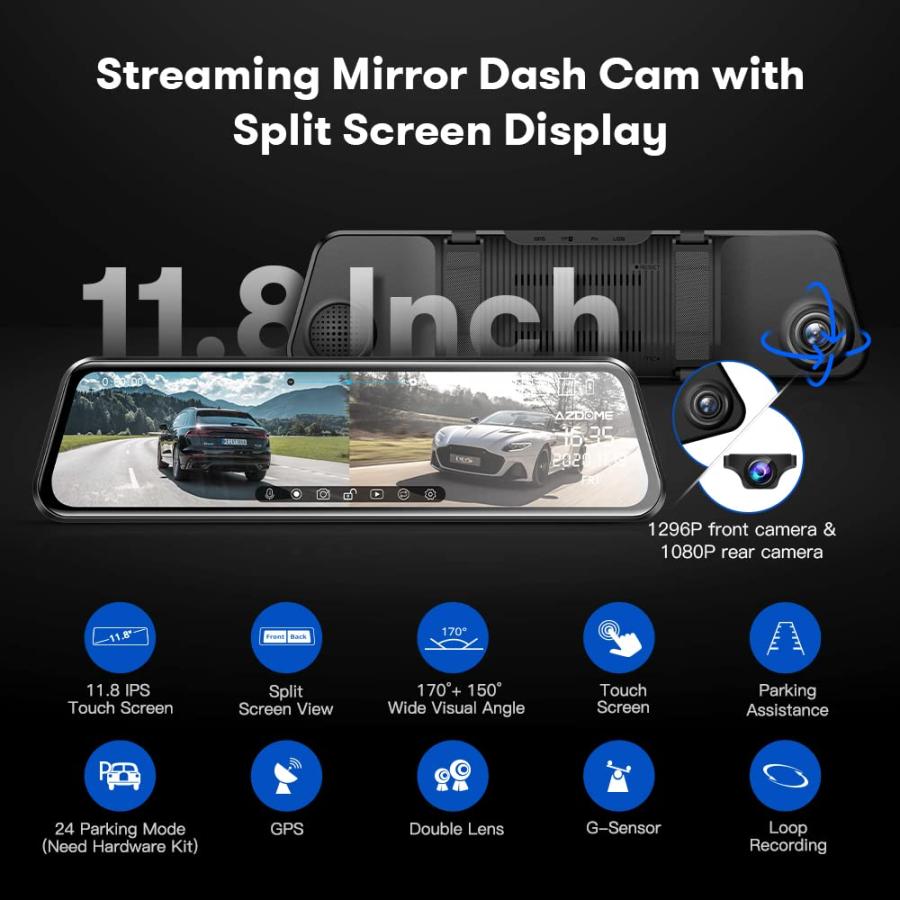 最新 AZDOME 11.8 WiFi Mirror Dash Cam， 2.5K QHD Front and Rear View Mirror Camera for Cars， Dual Camera with Waterproof Reverse Backup， Enhanced Night Vis