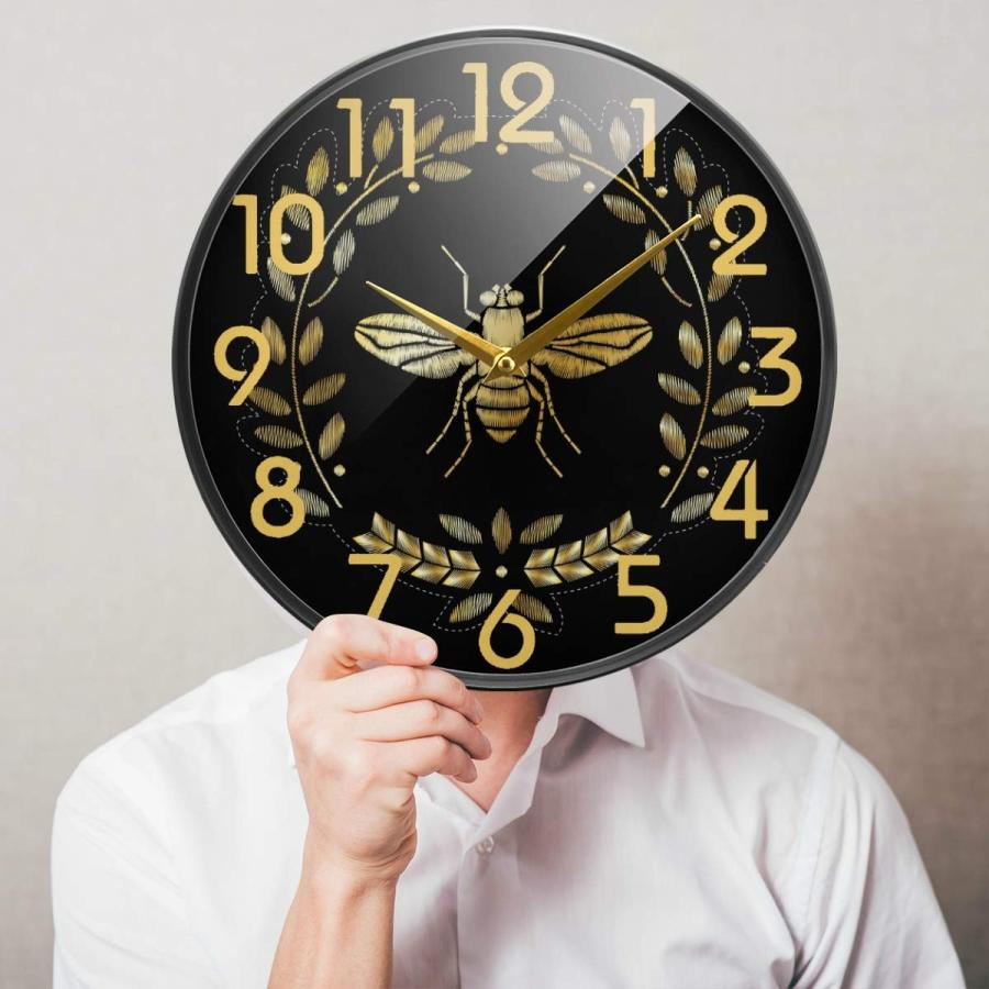 売り Naanle Golden Bee Insect Pattern Round Wall Clock， 9.5 Inch Silent Battery Operated Quartz Analog Quiet Desk Clock for Home，Office，School