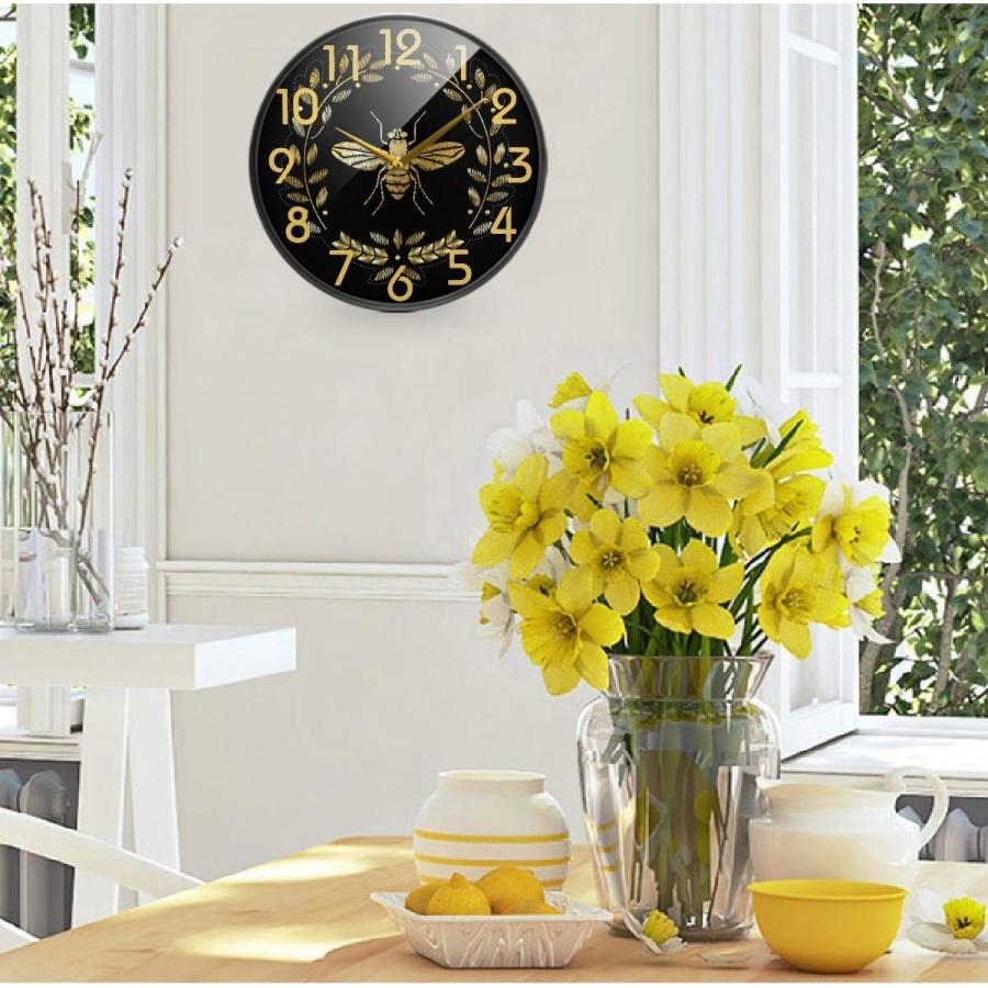 売り Naanle Golden Bee Insect Pattern Round Wall Clock， 9.5 Inch Silent Battery Operated Quartz Analog Quiet Desk Clock for Home，Office，School