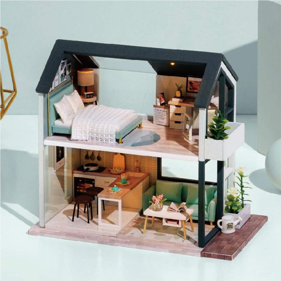2020年のクリスマス Fsolis DIYドールハウスミニチュアキット 家具付き 3D木製ミニチュアハウス ダストカバー付き ミニチュアドールハウスキット (QL01)