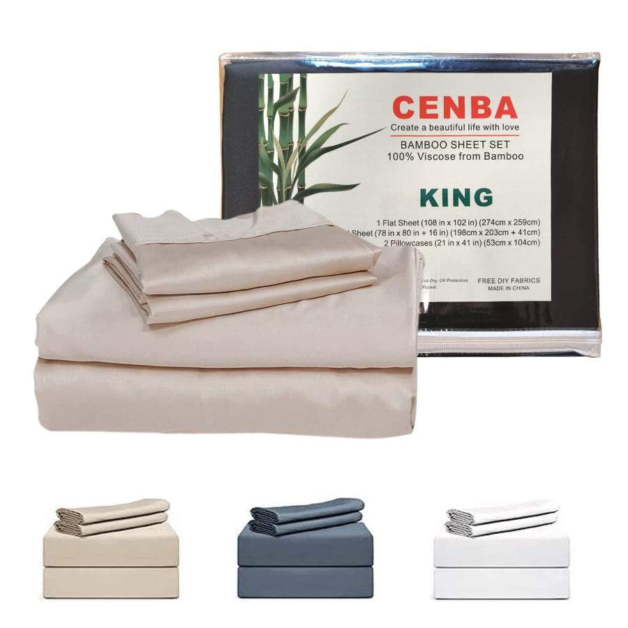 安心の正規品は CENBA Bamboo Sheets - 4 Piece Bedding Set - 100% Organic Bamboo Sheet Set - Soft Breathable Deep Pocket - 1 Flat 1 Fitted Sheet 2 Pillowcases (Queen，