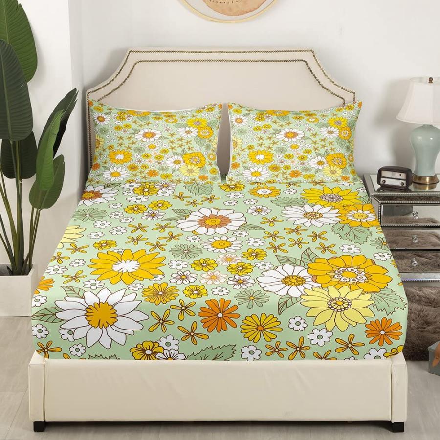 特価格安の通販 Retro 60s 70s Groovy Flower Fitted Sheet Queen，Rustic Psychedelic Blossom Bedding Sets Mens Women´s Halloween Floral 1960´s 1970´s Hippie Bed Sheets W