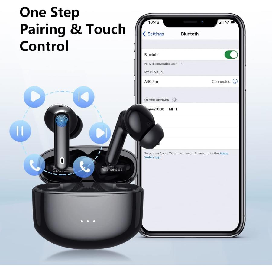 好評 A40 Pro Wireless Earbuds， 50Hrs Playtime Bluetooth Earbuds Built in Noise Cancellation Mic with Charging Case， Headphones Stereo Sound， IPX7 Waterproo